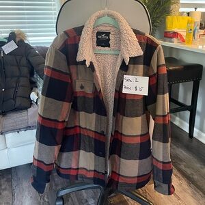 Hollister Red and Navy Plaid Jacket with Sherpa Lining